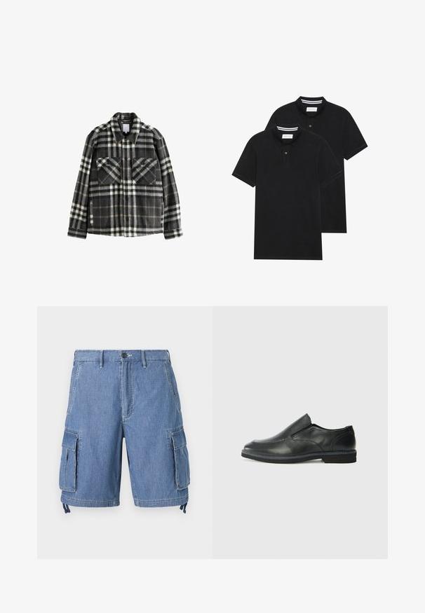 Kostkovaná flanelová bunda v tmavě šedé a bílé barvě, s dvěma bočními kapsami, zapínáním na knoflíky a klasickým designem límce.; Dvě černé polokošile s krátkým rukávem z bavlny, s klasickým límcem, dvouknoflíkovou légou a bílými pruhovanými akcenty uvnitř límce.; Modré denimové cargo šortky s knoflíkovým zapínáním, dvěma předními kapsami a dvěma velkými bočními klopy. Obsahují nastavitelné šňůrky na spodním okraji.; Černá kožená nazouvací bota s hladkým svrškem, prošívanými detaily, zaoblenou špičkou a nízkým gumovým podpatkem. Podešev má minimální vzorek.