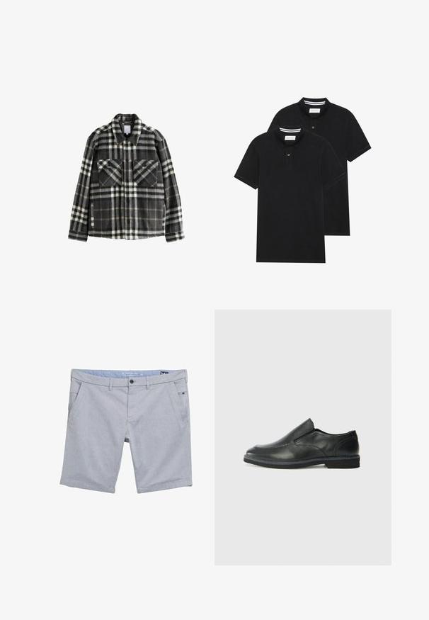 Giacca in flanella a quadri grigia scura e bianca, con due tasche sul petto, chiusura a bottoni e un design di colletto classico.; Due magliette polo nere, con maniche corte, in cotone, con colletto classico, pattina a due bottoni e dettagli a righe bianche all'interno del colletto.; Shorts in tessuto grigio intrecciato con un motivo testurizzato. Presentano passanti per cintura, due tasche frontali e una piccola tasca laterale. Vestibilità regolare.; Scarpa nera in pelle con inserto scivolare, superiore liscio, dettagli cuciti, punta arrotondata e tacco in gomma basso. La suola presenta un battistrada minimale.