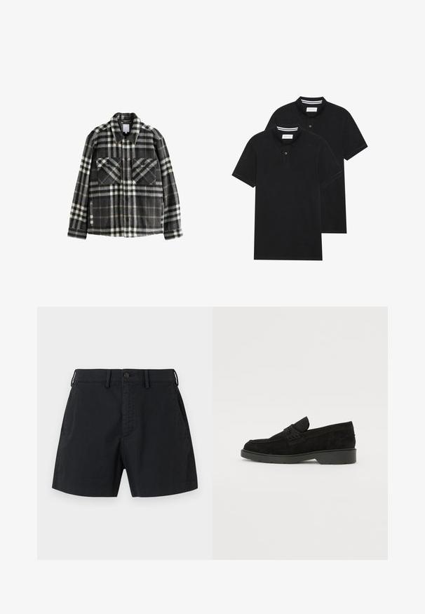 Plaid flannel jacket in dark gray and white, featuring two chest pockets, button closure, and a classic collar design.; Two black polo shirts, short-sleeved, cotton material, featuring a classic collar, two-button placket, and white striped accents inside the collar.; Black cotton shorts featuring a buttoned waistband, side pockets, and a straight cut design. Smooth texture with a minimal aesthetic.; Black suede loafers with a low heel, featuring a simple band across the upper and textured detailing along the sides.