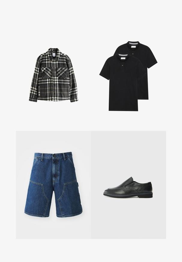 Tumes hallide ja valgete ruuduliste mustriga flanelljakk, millel on kaks rinna taskut, nupuga sulgemine ja klassikaline kaelusdisain.; Kaks musta polo särki, lühikeste varrukatega, puuvillane materjal, klassikalise kraega, kahe nupuga kinnitusega, valgete triipudega krae sisepinnal.; Tumedatesinaga mustaga pesuga teksase lühikesed püksid, millel on suured esipockets, nööbikinnitus ja nähtavad õmblused otste juures.; Must musta laia suuga king, millel on sile ülemine osa, õmmeldud detailid, ümmargune nina ja madal kummist konts. Tallal on minimaalne mustr.