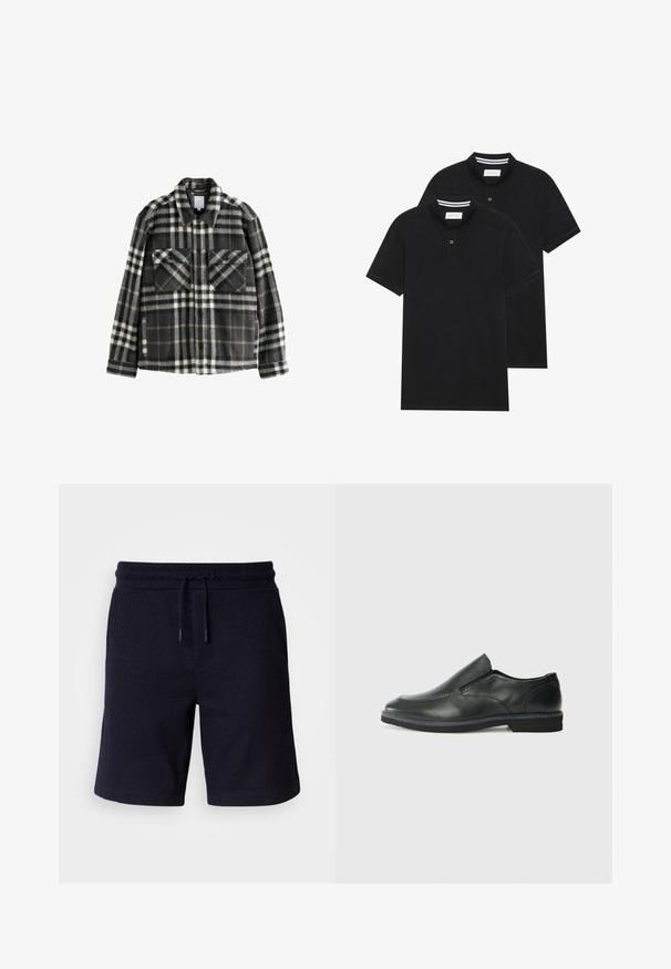 Sötét szürke és fehér kockás flaneldzseki, két mellzsebbel, gombos záródással és klasszikus gallér kialakítással.; Két fekete pólóing, rövid ujjú, pamut anyagból készült, klasszikus gallérral, két gombos gombolással, és fehér csíkos díszítéssel a gallér belső részén.; Tengerészkék sort derekán elasztikus övvel és zsinórral. Texturált anyag sima felülettel, oldalsó varrásokkal.; Fekete bőr, slip-on cipő sima felsőrésszel, varrott díszítéssel, lekerekített orral és alacsony gumitalppal. A talpa minimális bordázattal rendelkezik.