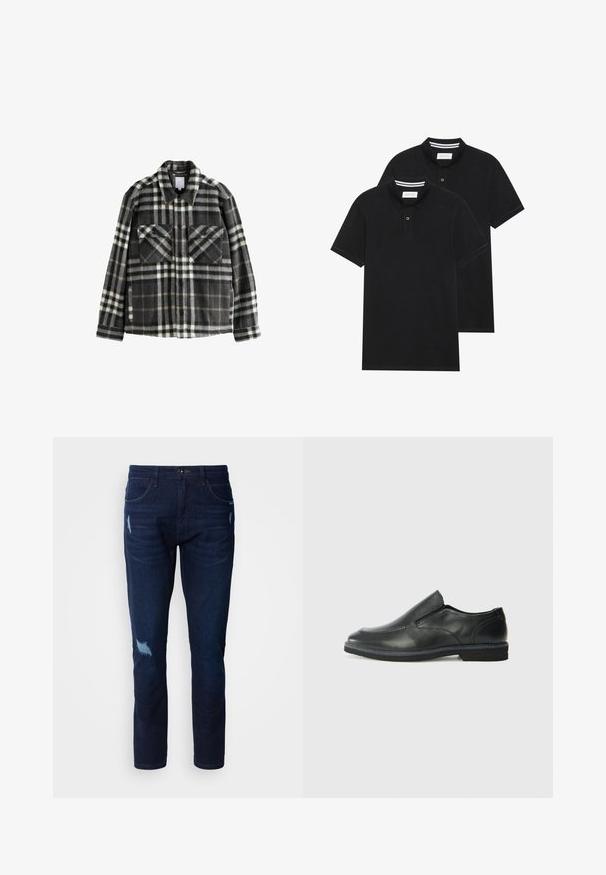 Tamsiai pilka ir balta languota flanelinė striukė, turinti dvi krūtines kišenes, mygtukų užsegimą ir klasikinį apykaklės dizainą.; Du žaidimų juodos polo marškiniai, trumpomis rankovėmis, pagaminti iš medvilnės, su klasikinėmis apykaklėmis, dviem mygtukais priekyje ir baltais dryžiais apykaklės viduje.; Tamsiai mėlynos džinsinės kelnės su tiesiu kirpimu, turinčios dėvėtus pleistrus ir nežymų nusidėvėjimą. Klasikinis penkių kišenių dizainas su knopke.; Juodai odiniai įtvirtinimo batai su lygiu paviršiumi, siuvinėjimo akcentais, apvalia nosimi ir žemu guminiu kulnu. Pado raštas minimalus.