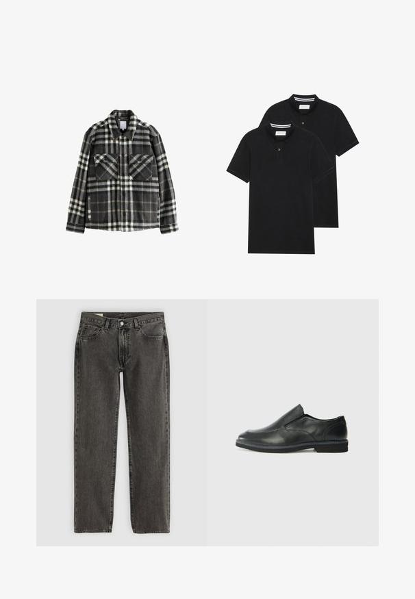 Kurtka flanelowa w kratę w ciemnoszarym i białym kolorze, z dwoma kieszeniami na piersi, zapięciem na guziki i klasycznym fasonem kołnierza.; Dwie czarne koszulki polo z krótkim rękawem, wykonane z materiału bawełnianego, z klasycznym kołnierzykiem, z zapięciem na dwa guziki oraz białymi paskami wewnątrz kołnierza.; Czarne, wyblakłe dżinsy o prostym kroju z pięcioma kieszeniami, zapięciem na guzik i szlufkami na pasek, leżące płasko na białym tle.; Czarne skórzane buty wsuwane z gładką cholewką, przeszyciami, okrągłym noskiem i niskim gumowym obcasem. Podeszwa ma minimalny bieżnik.