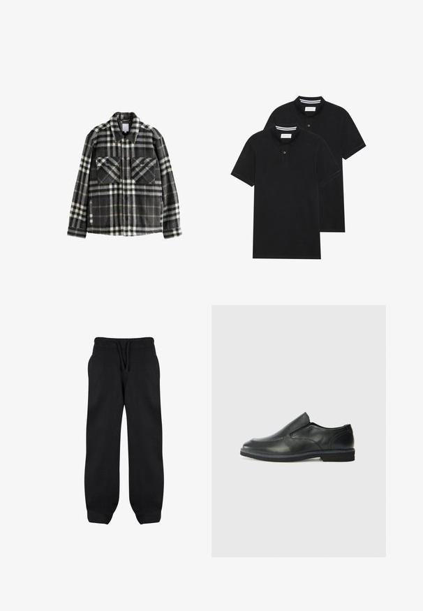 Kariertes Flanelljackett in Dunkelgrau und Weiß, mit zwei Brusttaschen, Knopfschluss und klassischem Kragen.; Zwei schwarze Polohemden, kurzärmlig, aus Baumwolle, mit einem klassischen Kragen, zwei Knöpfen und weißen Streifenakzenten im Inneren des Kragens.; Schwarze Sweatpants mit elastischem Bund, Kordelzug und Seitentaschen. Hergestellt aus einem weichen Stoff mit lockerer Passform und Bündchen an den Knöcheln.; Schwarze Leder-Slipper mit glattem Obermaterial, gesteppten Akzenten, runder Zehenpartie und niedrigem Gummiabsatz. Die Sohle hat ein minimales Profil.
