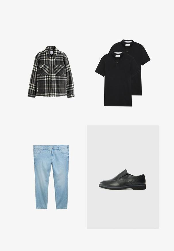 Tumes hallide ja valgete ruuduliste mustriga flanelljakk, millel on kaks rinna taskut, nupuga sulgemine ja klassikaline kaelusdisain.; Kaks musta polo särki, lühikeste varrukatega, puuvillane materjal, klassikalise kraega, kahe nupuga kinnitusega, valgete triipudega krae sisepinnal.; Heled sinine teksapüksid sirge lõikega, millel on esioskud, vöökohad ja lukuga sulgemine. Sile ja kerge tekstuur.; Must musta laia suuga king, millel on sile ülemine osa, õmmeldud detailid, ümmargune nina ja madal kummist konts. Tallal on minimaalne mustr.