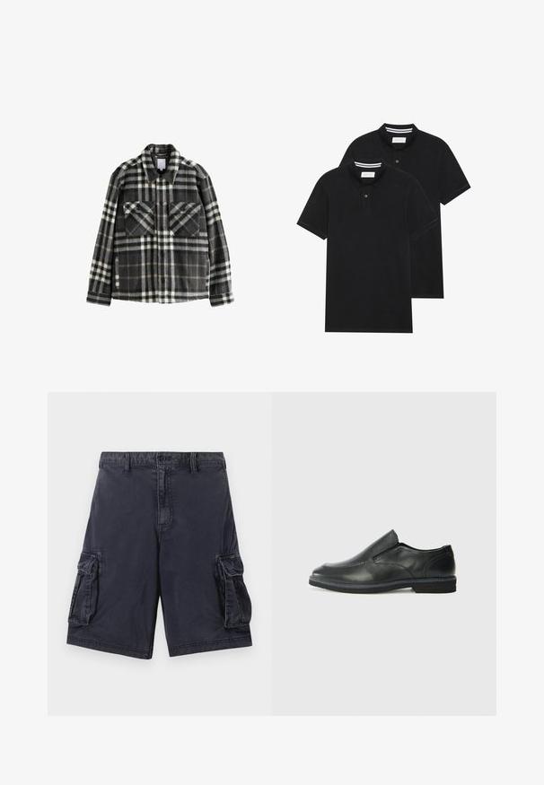 Tumes hallide ja valgete ruuduliste mustriga flanelljakk, millel on kaks rinna taskut, nupuga sulgemine ja klassikaline kaelusdisain.; Kaks musta polo särki, lühikeste varrukatega, puuvillane materjal, klassikalise kraega, kahe nupuga kinnitusega, valgete triipudega krae sisepinnal.; Tumed laevajuhtme lühikesed püksid, mis on valmistatud vastupidavast kangast, ja millel on kaks külgepocketit, eesnupp ja õmblusdetailid õmbluste ääres.; Must musta laia suuga king, millel on sile ülemine osa, õmmeldud detailid, ümmargune nina ja madal kummist konts. Tallal on minimaalne mustr.