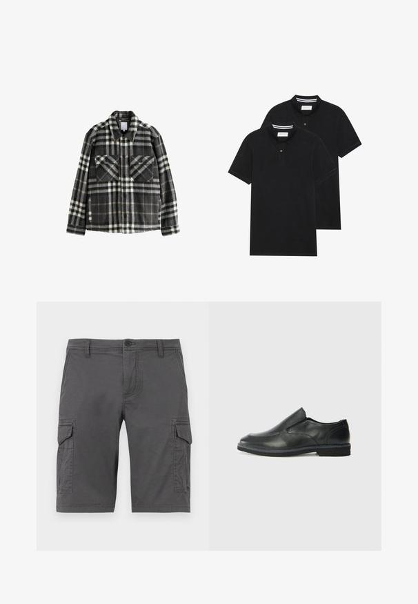 Veste en flanelle à carreaux en gris foncé et blanc, dotée de deux poches poitrine, d'une fermeture à boutons et d'un design de col classique.; Deux polos noirs, à manches courtes, en coton, avec un col classique, une patte de boutonnage à deux boutons, et des accents rayés blancs à l'intérieur du col.; Shorts cargo gris avec poches latérales, fabriqués en tissu durable, dotés d'une fermeture à bouton et de passants de ceinture. Texture lisse, design longueur genou.; Chaussure slip-on en cuir noir avec une tige lisse, des accents cousus, un bout arrondi et un petit talon en caoutchouc. La semelle présente un profil de traction minimal.