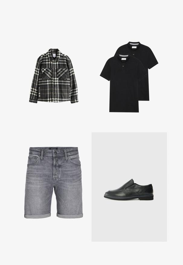 Gemaakt van een geruite flanellen jack in donkergrijs en wit, met twee borstzakken, knoopsluiting en een klassieke kraagontwerp.; Twee zwarte polo shirts, met korte mouwen, van katoen, met een klassieke kraag, een knoopsluiting met twee knopen en witte gestreepte accenten aan de binnenkant van de kraag.; Grijze denim shorts met een licht versleten uiterlijk, voorzien van een omgeslagen zoom, vijf zakken en een knoopsluiting. Label: JACK & JONES.; Zwarte leren instapper met een soepele bovenkant, gestikte accenten, ronde neus en een lage rubberen hak. De zool heeft minimale profiel.