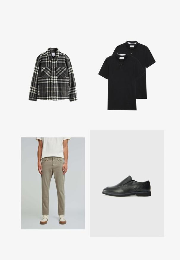 Ruudullinen flanellitakki tummanharmaana ja valkoisena, jossa on kaksi rintataskua, napitus ja klassinen kaulustyyli.; Kaksi mustaa lyhythihaista poolopaitaa, puuvillamateriaalia, joissa on klassinen kaulus, kahden napin napitus ja valkoiset raidat kauluksen sisällä.; Vaalean khaki puuvillahousut, joissa on slim fit -leikkaus, viisi taskua ja sileä pinta. Yhdistettynä kermaisiin tennareihin, joissa on ruskeat kumipohjat.; Musta nahkainen liukujalkine, jossa on sileä pinta, ommeltuja yksityiskohtia, pyöristetty kärki ja matala kumipohja. Pohjassa on minimaalinen pito.