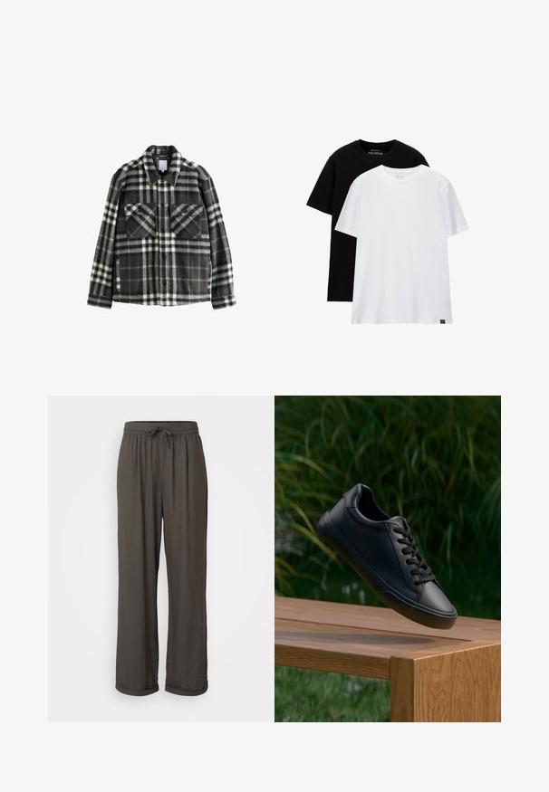Giacca in flanella a quadri grigia scura e bianca, con due tasche sul petto, chiusura a bottoni e un design di colletto classico.; Due t-shirt taglio regolare, una nera e una bianca, realizzate in cotone. Maniche corte e scollo rotondo con etichetta visibile nell'angolo inferiore.; Pantaloni a gamba larga grigio scuro con vita regolabile, realizzati in un morbido tessuto testurizzato, con risvolti alle caviglie.; Sneaker in pelle nera con texture liscia, punta rotonda e lacci piatti, posizionato sopra una superficie di legno con erba verde sullo sfondo.