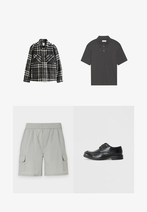 Tumši pelēks un balts raibs flaneles jaka ar divām krūšu kabatām, pogu aizdari un klasiskas apkakles dizainu.; Tumši pelēks polo krekls ar tradicionālo apkakli, trīs pogu aizdari, īsām piedurknēm un kreisajā krūtī esošu kabatu. Gluda auduma tekstūra.; Gai pelēki šorti ar elastīgu jostasvietu, diviem sānu kabatām un diviem cargo kabatām ar vāciņiem papildu funkcionalitātei.; Melnas ādas kurpes ar auklām, apaļu purngalu, gludu tekstūru un zemu papēdi. Iekļautas dūriena detaļas gar augšdaļu un sāniem.