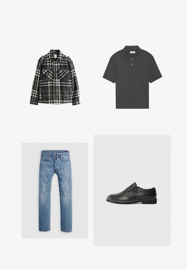 Ruudullinen flanellitakki tummanharmaana ja valkoisena, jossa on kaksi rintataskua, napitus ja klassinen kaulustyyli.; Tummanharmaa polo-paita, jossa on perinteinen kaulus, kolmen napin napitus, lyhyet hihat ja vasemmassa rinnassa tasku. Sujuva kangastekstuuri.; Vaaleansiniset farkut suoralla lahkeella, viidellä taskulla ja nappisuljennalla. Ominaisuuksiin kuuluu hienovarainen haalistuminen ja sauman yksityiskohtia.; Musta nahkainen liukujalkine, jossa on sileä pinta, ommeltuja yksityiskohtia, pyöristetty kärki ja matala kumipohja. Pohjassa on minimaalinen pito.