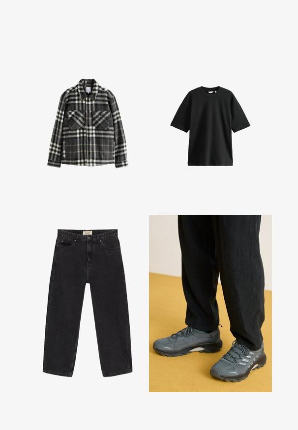 Ruudullinen flanellitakki tummanharmaana ja valkoisena, jossa on kaksi rintataskua, napitus ja klassinen kaulustyyli.; Mustapaita, jossa on lyhyet hihat, valmistettu puuvillasta. Paidan kaulus on pyöreä ja se on löysä malli, jolla on pehmeä tekstuuri ja vähäiset yksityiskohdat.; Mustat farkut rentoa istuvuutta. Ominaisuuksiin kuuluu viisi taskua, etunappi kiinnitys ja ompeluyksityiskohdat. Hieman kulunut pinta.; Harmaat verkkokankaiset ja synteettiset urheilukengät, joissa on voimakas pito, heijastavat yksityiskohdat ja nauhakiinnitys, yhdistettyinä löysiin mustiin housuihin.