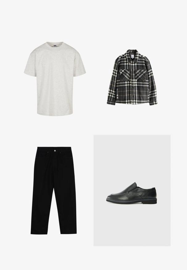 Tumši pelēks un balts raibs flaneles jaka ar divām krūšu kabatām, pogu aizdari un klasiskas apkakles dizainu.; Gai pelēks kokvilnas t-krekls ar īsām piedurknēm, apaļu kakla izgriezumu un brīvu piegriezumu. Faktūras audums ar smalku heathered rakstu.; Melni džinsi ar taisnu kāju griezumu, piecu kabatu dizainu un priekšēju pogu aizdari. Gluda tekstūra ar minimālu šuvju detaļu skaitu.; Melnas ādas slip-on kurpes ar gludu augšdaļu, izšūtām akcentiem, noapaļotu purngala daļu un zemu gumijas papēdi. Zole ar minimālu rakstu.