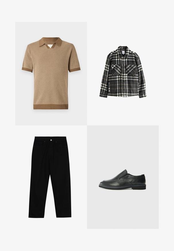 Giacca in flanella a quadri grigia scura e bianca, con due tasche sul petto, chiusura a bottoni e un design di colletto classico.; Polo shirt marrone a maniche corte con un motivo in maglia testurizzato, dotato di colletto e polsini a contrasto in una tonalità più scura.; Pantaloni in denim nero con taglio dritto, design a cinque tasche e chiusura frontale con bottone. Tessuto liscio con dettagli di cucitura minimi.; Scarpa nera in pelle con inserto scivolare, superiore liscio, dettagli cuciti, punta arrotondata e tacco in gomma basso. La suola presenta un battistrada minimale.