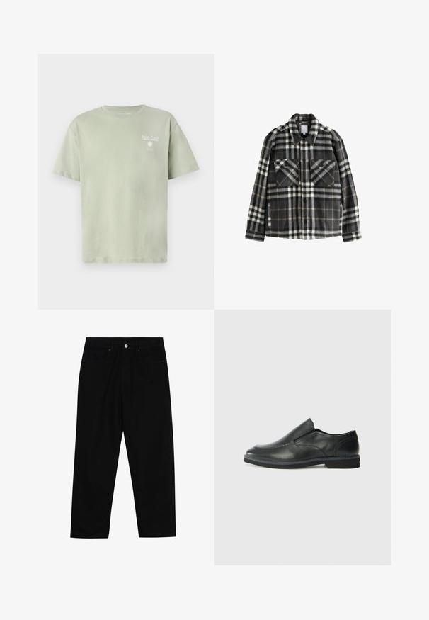 Rute flannel jakke i mørkegrå og hvid, med to brystlommer, knaplukning og et klassisk kravedesign.; Lys grøn bomulds t-shirt med korte ærmer, prydet med teksten "Palm Coast" og en solgrafik i hvid på forsiden.; Sorte denimbukser med lige ben, fem lomme-design og knaplukning foran. Glat tekstur med minimale syninger.; Sorte læder slip-on sko med en glat overdel, syede detaljer, rund tå og en lav gummihæl. Sålen har minimal profil.