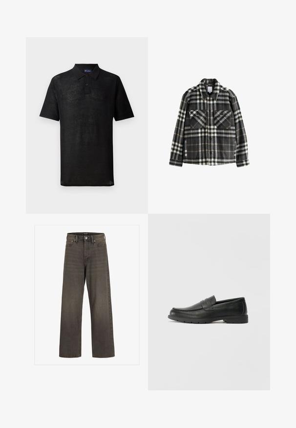 Rute flannel jakke i mørkegrå og hvid, med to brystlommer, knaplukning og et klassisk kravedesign.; Sort polo skjorte lavet af struktureret strikstof. Har korte ærmer, krave og en tre-knaps placket. Letvægtsdesign, afslappet pasform.; Bredde ben jeans i mørkegrå denim med høj talje, klassisk fem-lommer design og kontrasterende syninger langs sømmene.; Sorte læderslippers med en glat finish, mokkasin-stil overdel, syninger og gummisål. Klassisk design med en lav hæl.