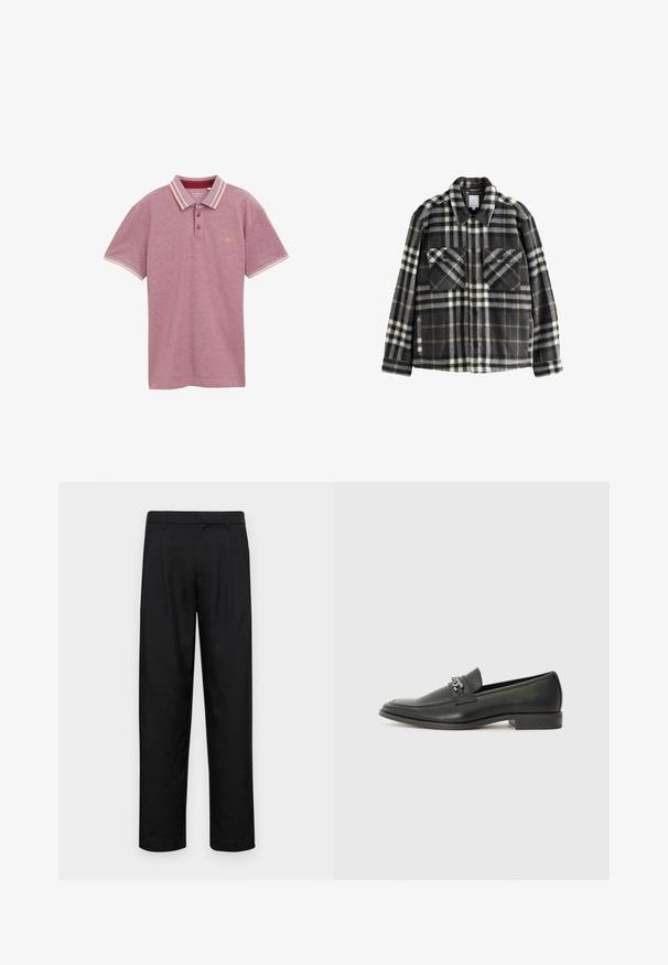 Chaqueta de franela a cuadros en gris oscuro y blanco, con dos bolsillos en el pecho, cierre de botones y un diseño de cuello clásico.; Camisa polo marrón, de mangas cortas, en tejido de punto, con tapeta de dos botones, cuello y puños a rayas en colores contrastantes, logo en el pecho.; Pantalones negros de tela suave, con un diseño de pierna recta, dos pliegues frontales y una cintura estándar con trabillas para el cinturón.; Mocasín de cuero negro con un acabado suave, que cuenta con un diseño de costura y un acento decorativo de cadena de metal en el empeine. Tacón plano.