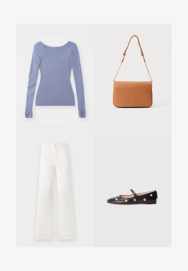 Barna bőr, derékig érő dzseki magas gallérral, cipzáras záródással és ívelt formával. Simább textúra, kiemelkedő fém részletekkel.; Hosszú ujjú pulóver világoskék bordázott kötött anyagból. Széles, csónaknyakú kivágással és testhez simuló szabással rendelkezik. Sima textúrájú.; Fehér, magas derekú, bő szabású farmernadrág. Gombos záródással, két elülső zsebbel és oldalsó varrásokkal rendelkezik, amelyek varrási részleteket tartalmaznak.; Fekete bőr Mary Jane lapossarkú cipő, lekerekített orral, ezüst színű kör alakú szegecsekkel és állítható pánttal, csattal.; Barna szintetikus bőrből készült válltáska sima textúrával, aranyszínű lánc pánttal és domború logóval az elején. Téglalap alakú.