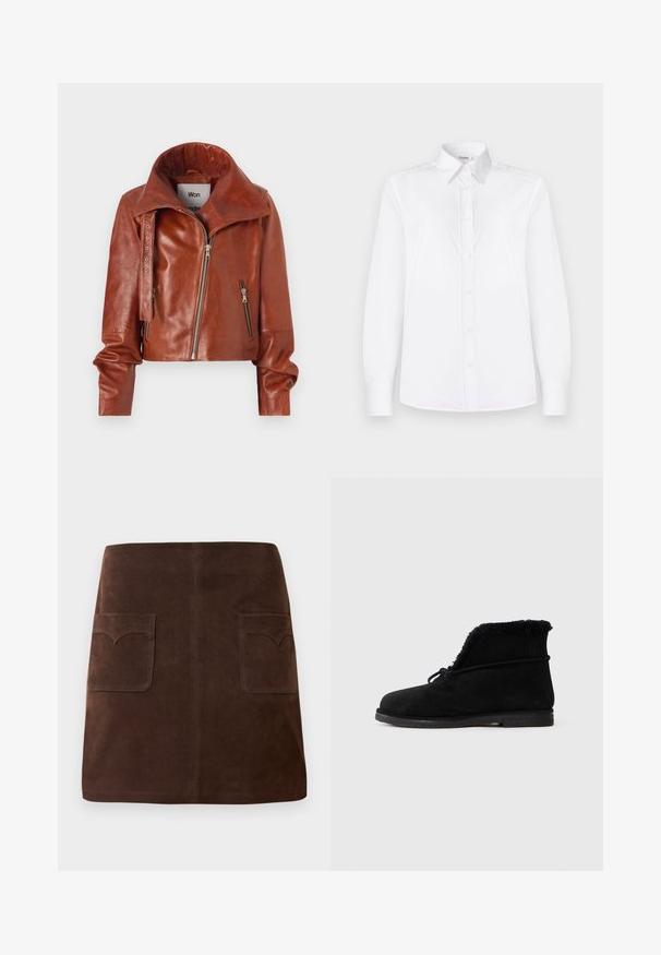 Brązowa skórzana kurtka typu cropped z wysokim kołnierzem, z zamkami błyskawicznymi i zakrzywionym krojem. Gładka tekstura z akcentującymi detalami metalowymi.; Biała koszula z długim rękawem, wykonana z gładkiego materiału, z kołnierzykiem i zapięciem na guziki, ozdobiona jasnoróżowymi guzikami.; Brązowa zamszowa spódnica w klasycznym kształcie A, z dwiema przednimi kieszeniami z zaokrąglonymi klapami i subtelnymi detalami szewnymi.; Czarne zamszowe botki za kostkę z futrzanym wykończeniem widocznym na otworze oraz przewiązanym sznurkiem wokół górnej części.