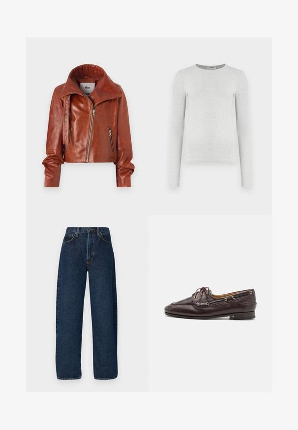 Jachetă scurtă din piele maro, cu guler înalt, având închideri cu fermoar și un design curbat. Textură netedă cu detalii de hardware accent.; Cămașă din tricot cu mânecă lungă, gri, cu guler rotund, siluetă mulată, textură netedă, fără logo-uri sau embellishments vizibile.; Jeans din denim albastru, cu croi larg, talie înaltă, având un styling clasic cu cinci buzunare și cusături contrastante de-a lungul cusăturilor.; Mocasini din piele maro cu un design structurat, ochiuri aurii și șireturi. Au un toc scăzut și cusături detaliate pe vârf.