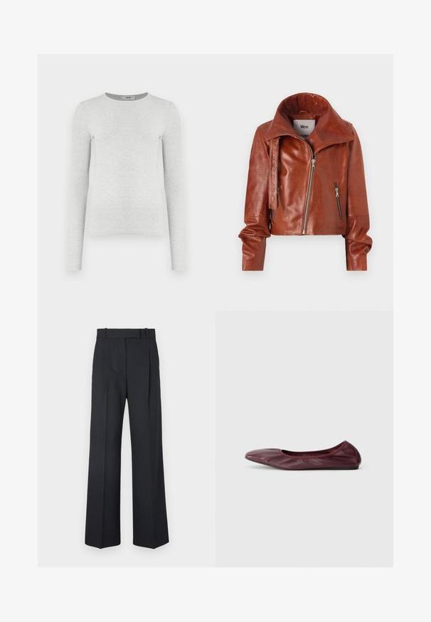 Brązowa skórzana kurtka typu cropped z wysokim kołnierzem, z zamkami błyskawicznymi i zakrzywionym krojem. Gładka tekstura z akcentującymi detalami metalowymi.; Szary sweter z długim rękawem, prążkowany, okrągły dekolt, dopasowany krój, gładka faktura, bez widocznych logo ani ozdób.; Ciemnoniebieskie spodnie w paski z wysokim stanem, szerokimi nogawkami i bez widocznych elementów metalowych lub ozdób. Gładka tekstura i dopasowany krój.; Baletki w głębokim burgundowym skórze, z okrągłym noskiem, elastycznym brzegiem oraz gładką fakturą z delikatnym marszczeniem.
