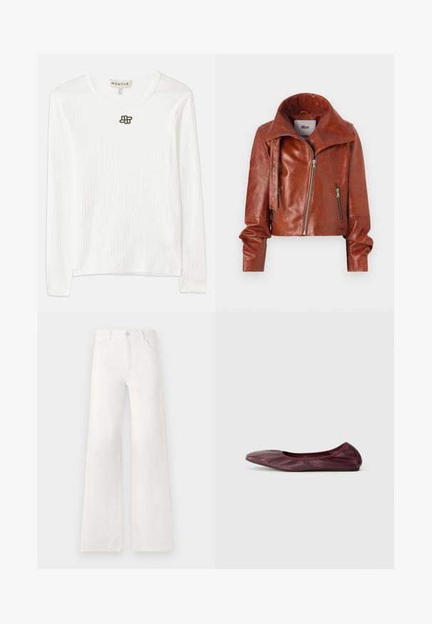 Brązowa skórzana kurtka typu cropped z wysokim kołnierzem, z zamkami błyskawicznymi i zakrzywionym krojem. Gładka tekstura z akcentującymi detalami metalowymi.; Biała koszula z długim rękawem wykonana z miękkiego materiału, z okrągłym dekoltem i małym ciemnym haftowanym logo na piersi.; Białe dżinsy z wysokim stanem i szerokimi nogawkami. Wykonane z denimu. Posiadają zapięcie na guzik, dwie kieszenie z przodu oraz boczne szwy ze szczegółami w postaci przeszyć.; Baletki w głębokim burgundowym skórze, z okrągłym noskiem, elastycznym brzegiem oraz gładką fakturą z delikatnym marszczeniem.