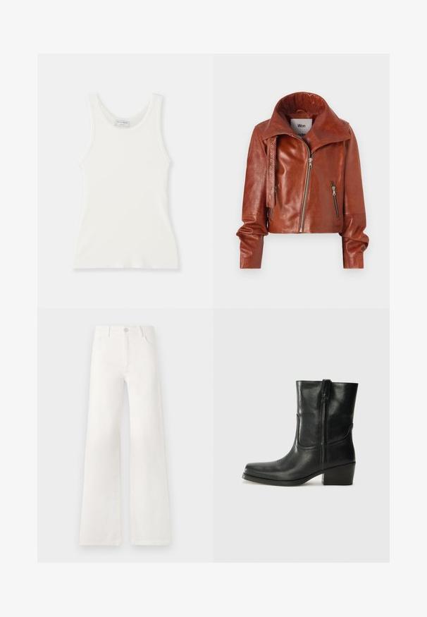 Brūna ādas izlīdzināta jaka ar augstu apkakli, ar rāvējslēdzējiem un izliekta dizaina. Gluda tekstūra ar akcentējošām metāla detaļām.; Balts ribēts bez piedurknēm tops ar noapaļotu dekoltē un platām plecu siksnām, ar maigu tekstūru un pieguļošu siluetu.; Baltas, augsto jostasvietu platās kājas džinsi, izgatavoti no denima. Iekļauj pogu aizdari, divas priekšējās kabatas un sānu šuves ar šuvju detaļām.; Melna ādas potīte ar noapaļotu purngalu, bloku papēdi, sānu rāvējslēdzēju un šuvju akcentiem uz virsmas. Gluda tekstūra, klasiskā dizaina.