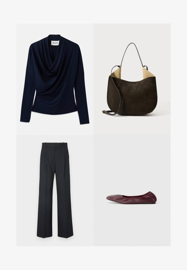 Brown leather cropped jacket with a high collar, featuring zip closures and a curved design. Smooth texture with accent hardware details.; Navy blue long-sleeve top with draped neckline, made of soft fabric. Features a fitted silhouette and minimal design. Brand label visible.; Dark blue pinstriped trousers with a high waist, wide leg design, and no visible hardware or embellishments. Smooth texture and tailored fit.; Ballet flat in deep burgundy leather, featuring a rounded toe, elasticized rim, and smooth texture with subtle pleating detail.; Dark brown suede handbag with a smooth texture, a minimalist design, and contrasting light-colored interior. Features a long leather strap.