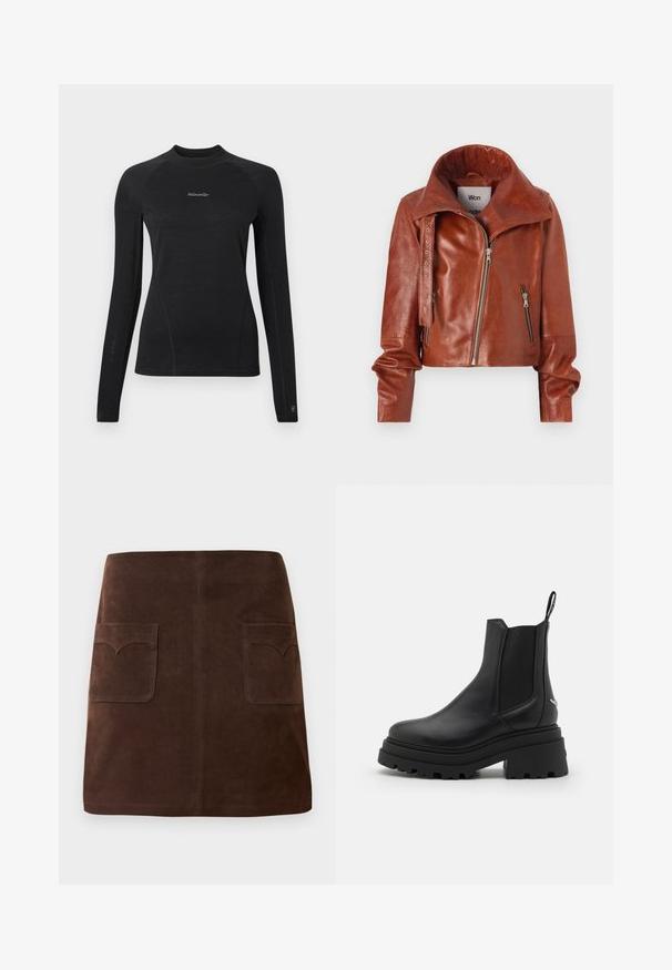 Jachetă scurtă din piele maro, cu guler înalt, având închideri cu fermoar și un design curbat. Textură netedă cu detalii de hardware accent.; Cămașă neagră cu mâneci lungi, croială ajustată, cu decolteu rotund și logo-ul „Woolxweiler” plasat în centrul pieptului.; Fustă din suede maro cu o formă clasică în A, două buzunare frontale cu clape rotunjite și detalii subtile de cusătură.; Bocanci Chelsea negri din piele netedă, cu panouri elastice pe laterale, o talpă groasă, adâncită din cauciuc și un mâner la spate.