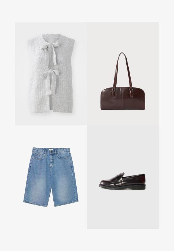 Weiße Fleecejacke mit hohem Kragen, ausgestattet mit einem durchgehenden Reißverschluss, tanfarbenen Akzenten und einer Tasche auf der linken Brust mit einem Logo-Patch.; Graue, ärmellose Strickweste mit gerippter Textur und zwei vorderen Schleifen. Offenes Frontdesign aus einem weichen, leichten Material.; Weißes Langarm-T-Shirt aus Baumwolle mit kleinem orangefarbenem und burgunderfarbenem Carhartt-Logo auf der Brust. Rundhalsausschnitt.; Hellblaue Denim-Shorts im geraden Schnitt mit Fünf-Taschen-Design und kontrastierenden Nähten. Mit einem Knopf- und Reißverschluss ausgestattet.; Burgunderfarbene Lederloafers mit glatter Oberfläche, einem hervorgehobenen Nahtdetail und einer Gummisohle. Mit einer abgerundeten Zehenform und minimalem Zubehör gestaltet.; Braune Ledertasche mit zwei langen Tragegriffen, einer strukturierten rechteckigen Form, glatter Textur und abgerundeten Kanten. Besitzt Akzentdetails an den Griffen.