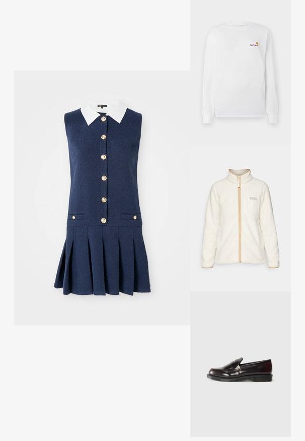 Valge fliiskate kõrge kraega, täispika eesmise tõmbluku, beežide aksessuaaride ja vasakul rinnal oleva logotaskuga.; Tumed ilma varrukateta kleit valge krae ja nööpide ees, kahte küljetaskut ja volditud seeliku disainiga. Tekstureeritud kangas.; Valge pika varrukaga T-särk, mis on valmistatud puuvillast, väikese oranži ja bordoopunase Carhartti logoga rinnal. Ümar kaelaauk.; Burgundi nahast loafersid siledal pinnal, tõstetud õmbluse detailiga ja kummist tallaga. Kujundatud ümarate varvastega ja minimaalsete metalldetailidega.; Pruunist nahast käekott, millel on kaks pikka sangad, struktureeritud ristkülikukujuline kuju, sile tekstuur ja ümarad servad. Lisasuunad on käärmeetel.