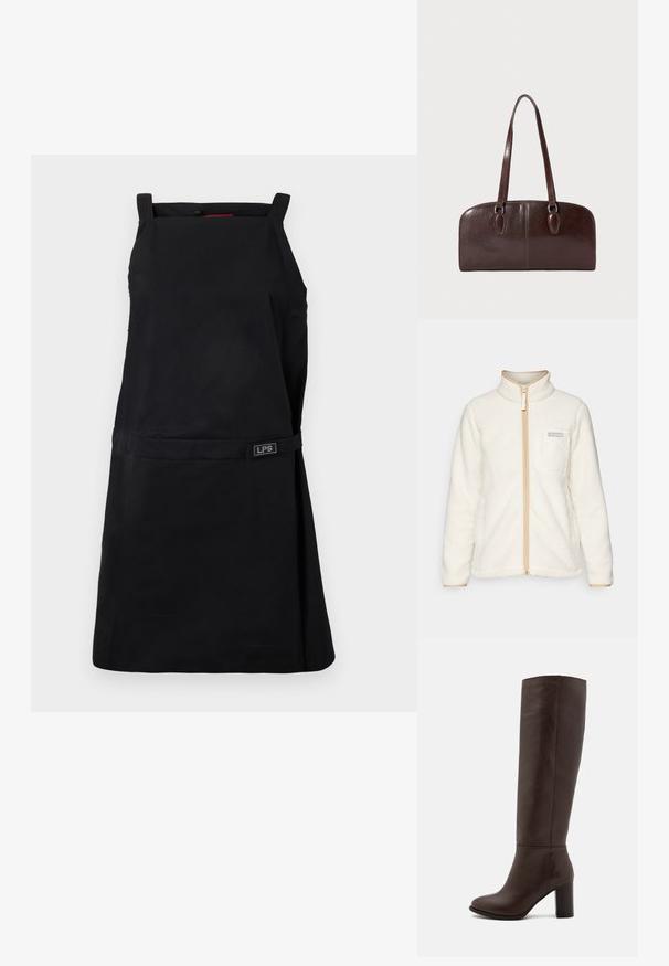 Bela flis jakna z visokim ovratnikom, ki ima poln sprednji zadrgo, bež poudarke in žep na levi strani prsnega dela z logotipom.; Crna predpasnica s kvadratnim izrezom, prilagodljivimi naramnicami in pasom na vezanje. Na sprednji strani je poudarek z logotipom LPS. Gladko, trpežno blago.; Rjave usnjene škornje do kolen s blok peto, gladko teksturo, zaokroženim nosom in minimalnimi šivi.; Rjava usnjena torbica z dvema dolgima ročajema, strukturirano pravokotno obliko, gladko teksturo in zaobljenimi robovi. Ima dodatne podrobnosti na ročajih.