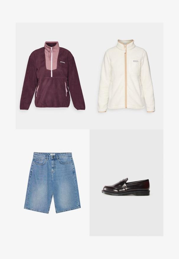 Bela flis jakna z visokim ovratnikom, ki ima poln sprednji zadrgo, bež poudarke in žep na levi strani prsnega dela z logotipom.; Columbia SEQUOIA GROVE™ 1/2 ZIP - Pulover iz flisa - moonvista/fig/pink dawn; Denim kratke hlače v svetlo modri barvi s ravnim krojem, zasnovo s petimi žepi in kontrastnim šivanjem. Opremljene so s gumbom in zadrgo.; Burgundski usnjeni loaferji z gladko površino, izbočenim šivom in gumijastim podplatom. Oblikovani z zaobljenim prstom in minimalno opremo.