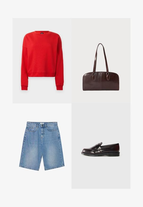 Hvit fleecejakke med høy krage, med full glidelås foran, beige detaljer og en venstre brystlomme med et logo-patch.; Rød langermet genser med crewneck, ribbestrikkede mansjetter og hem, litt cropped passform, og GAP-merke inne i halsen.; Lys blå denimshorts med rett snitt, fem lommer, og kontrastsøm. Har knapp- og glidelås-lukking.; Burgunderfargede lærloafers med en glat overflate, hevet sømdetalj og gummisåle. Designet med rund tupp og minimalt med tilbehør.; Brun skinnveske med to lange håndtak, en strukturert rektangulær form, glatt tekstur og avrundede kanter. Har detaljer ved håndtakene.