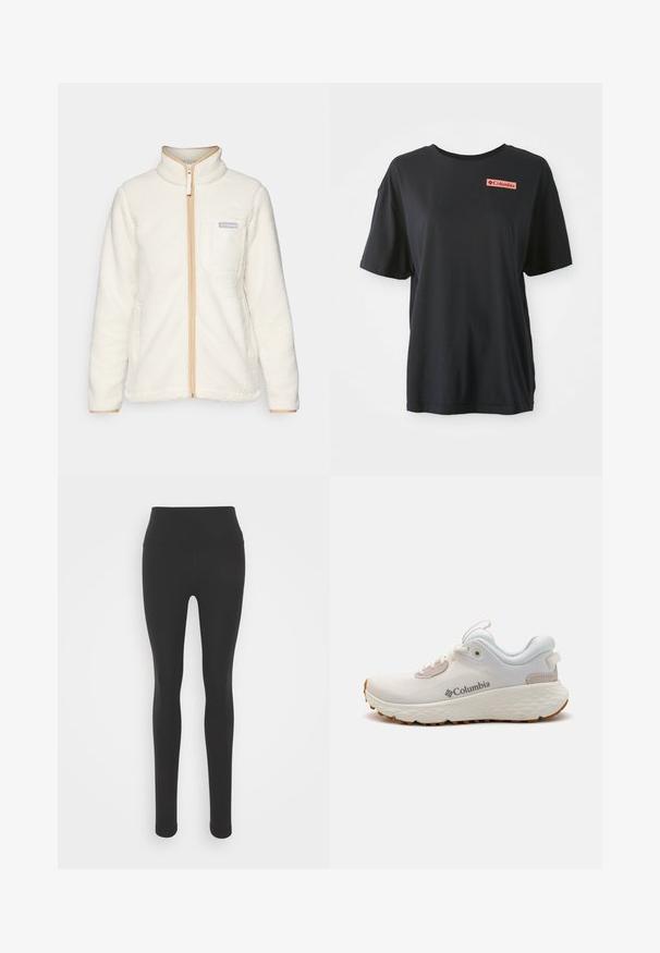 Biała polarowa kurtka z wysokim kołnierzem, posiadająca pełny zamek błyskawiczny z przodu, brązowe akcenty oraz kieszeń na lewym cieśnie z naszywką z logo.; Czarna bawełniana koszulka z krótkim rękawem, luźny krój oraz czerwony prostokątny logo po lewej stronie klatki piersiowej. Gładka tekstura i prosty design.; Czarne legginsy z wysokim stanem, wykonane z gładkiego, elastycznego materiału. Charakteryzują się dopasowanym krojem i pełną długością nogawek.; Lekkie sportowe buty Columbia w białej siateczce z teksturowaną szaro-skalną podeszwą i gumowym bieżnikiem. Posiadają wyściełany kołnierz oraz klasyczny sznurowany design.