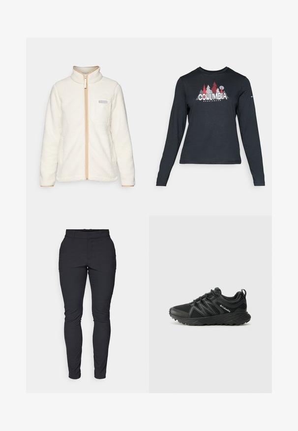 Hvit fleecejakke med høy krage, med full glidelås foran, beige detaljer og en venstre brystlomme med et logo-patch.; Langermet mørkegrå skjorte med grafikk av røde trær og fjell; "COLUMBIA" logo i fet hvit tekst. Mykt stoff, standard rund hals.; Sorte, tettsittende bukser laget av stretch-stoff. Har en midjebånd, beltehilder og en glidelås foran med knapp. Ingen synlige mønstre.; Columbia PEAKFREAK - Fjellsko - black