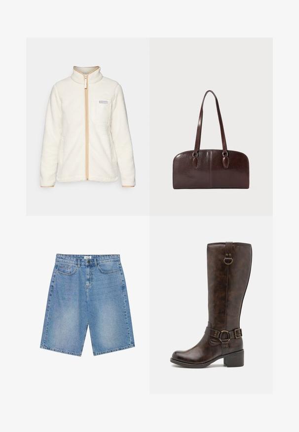 Veste en polaire blanche avec un col montant, dotée d'une fermeture éclair sur toute la longueur, d'accents beige et d'une poche sur la poitrine gauche avec un patch logo.; T-shirt à manches longues blanc en coton, avec un petit logo Carhartt orange et bordeaux sur la poitrine. Design à col rond.; Shorts en denim bleu clair avec une coupe droite, design à cinq poches et surpiqûres contrastées. Dotés d'une fermeture par bouton et zip.; Bottes en cuir marron à hauteur de genoux avec un bout arrondi, une sangle décorative, un matériel circulaire et un petit talon bloc. Texturé lisse dans l'ensemble.; Sac à main en cuir marron avec deux longues anses, de forme rectangulaire structurée, texture lisse et bords arrondis. Présente des détails accentués au niveau des poignées.