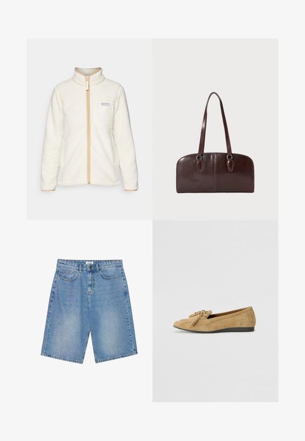 Biele fleecová bunda s vysokým golierom, so zakrytým predným zipsom, s pieskovými akcentmi a ľavou náprsnou vreckom s logom.; Biely tričko s dlhým rukávom vyrobené z bavlny, s malým pomarančovým a bordovým logom Carhartt na hrudi. Dizajn s okrúhlym výstrihom.; Džínové šortky svetlomodré farby so stredným strihom, dizajnom s piatimi vreckami a kontrastným prešívaním. Obsahujú zapínanie na gombík a zips.; Semišové ploché topánky svetlohnedej farby s okrúhlou špičkou a dekoratívnym detailom s tasselom. Podrážka je vyrobená z textúrovaného čierneho gumového materiálu pre lepšiu priľnavosť.; Hnedá kožená kabelka s dvoma dlhými uchami, štruktúrovaným obdĺžnikovým tvarom, hladkým povrchom a zaoblenými hranami. Obsahuje akcentové detaily na ušiach.