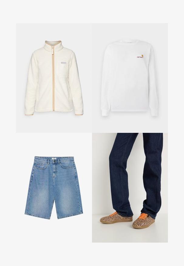 Hvit fleecejakke med høy krage, med full glidelås foran, beige detaljer og en venstre brystlomme med et logo-patch.; Hvit langermet t-skjorte laget av bomull, med en liten oransje og maroon Carhartt-logo på brystet. Rund halsdesign.; Lys blå denimshorts med rett snitt, fem lommer, og kontrastsøm. Har knapp- og glidelås-lukking.; Leopardmønstrede sneakers med orange snørebånd, et struktureret tekstiloverdel og en lysebrunt gummisål, parret med mørkeblå denimjeans.