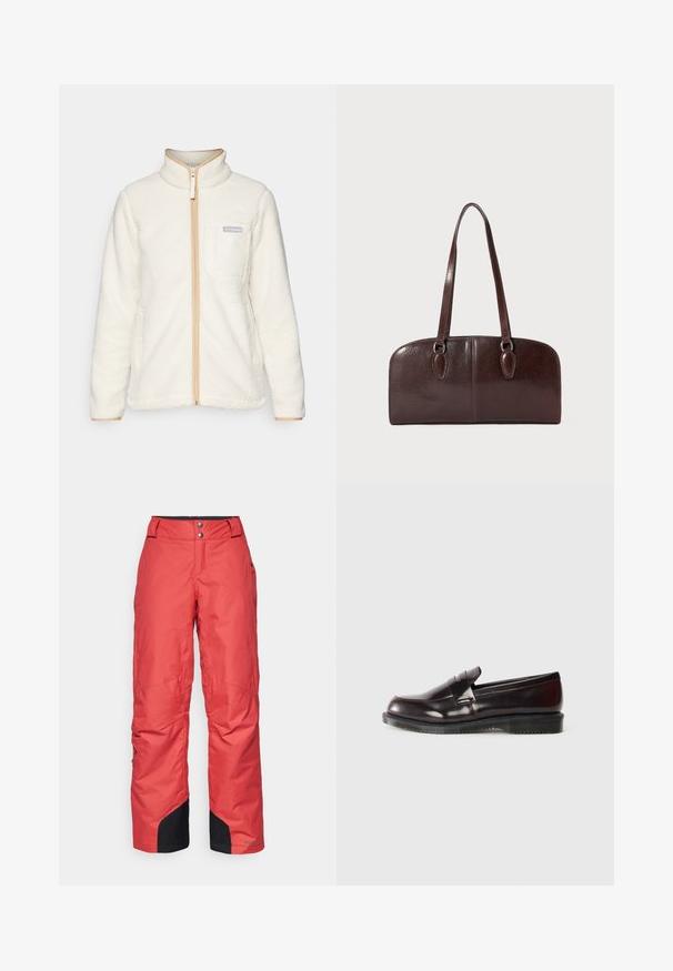 Casaco de fleece branco com colarinho alto, apresentando um fecho de correr frontal completo, detalhes em bege e um bolso no lado esquerdo do peito com um logótipo.; Camisola de manga longa branca, feita de algodão, com um pequeno logo laranja e bordô da Carhartt no peito. Design de gola redonda.; Calças de neve vermelhas com uma textura suave, design de perna larga e detalhes pretos nas bainhas. Fechadas com dois botões na cintura.; Mocassins de couro bordô com uma superfície lisa, um detalhe de costura elevada e sola de borracha. Projetados com uma ponta arredondada e hardware mínimo.; Bolsa de couro castanho com duas alças longas, forma retangular estruturada, textura suave e bordas arredondadas. Apresenta detalhes de destaque nas alças.