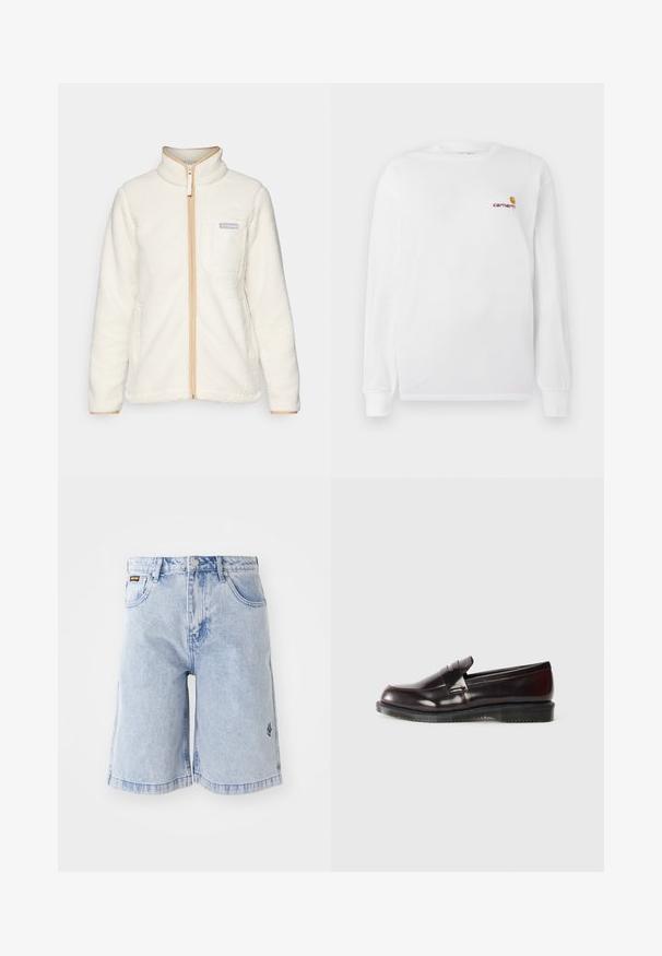 Vit fleecejacka med hög krage, featuring dragkedja hela vägen fram, bruna detaljer och en vänsterbröstficka med logotyp patch.; Vit långärmad t-shirt i bomull med en liten orange och vinröd Carhartt-logotyp på bröstet. Rundhalsad design.; Ljust blå denimshorts med hög midja, löst passform och framfickor. Dekorativ sömnad och varumärkeslogotyp broderad på sidan.; Burgunderfärgade läderloafers med en slät yta, ett upphöjt sömdetalj och en gummisul. Designad med en rund tå och minimal metalldetalj.