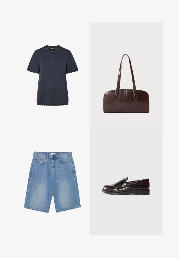 White fleece jacket with a high collar, featuring a full front zipper, tan accents, and a left chest pocket with a logo patch.; Navy blue short-sleeve top with a textured pattern, round neckline, and scalloped hem. Made from lightweight fabric, suitable for casual wear.; Denim shorts in light blue with a straight cut, five-pocket design, and contrast stitching. Features a button and zipper closure.; Burgundy leather loafers with a smooth surface, a raised seam detail, and a rubber sole. Designed with a rounded toe and minimal hardware.; Brown leather handbag with two long handles, a structured rectangular shape, smooth texture, and rounded edges. Features accent details at the handles.