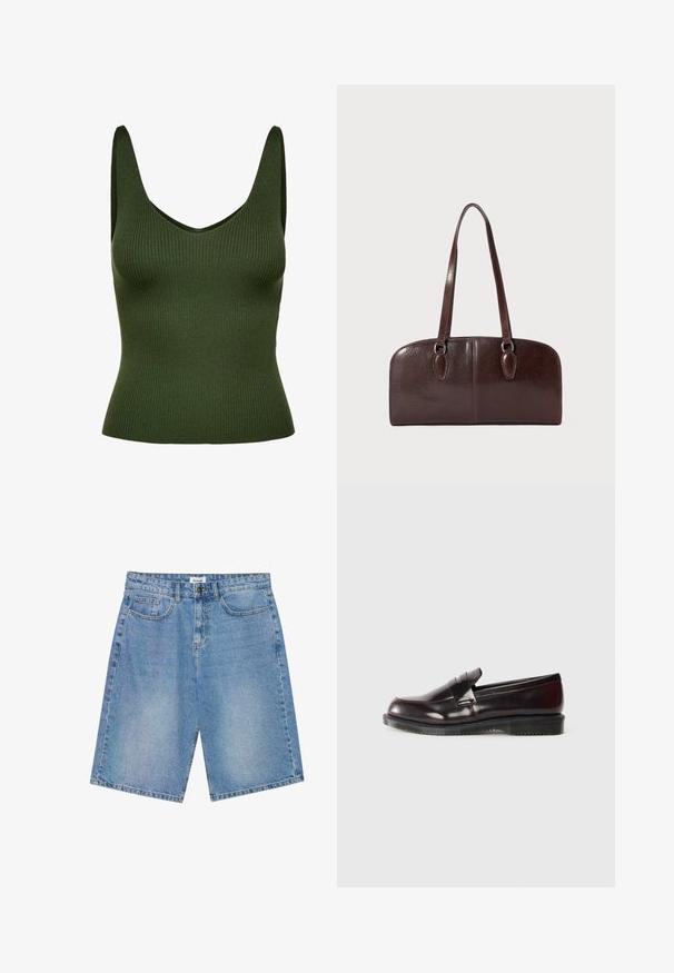 Witte fleece jas met een hoge kraag, voorzien van een volledige rits aan de voorkant, tan accenten en een zak op de linkerkant van de borst met een logo patch.; Geribbelde groene tanktop met een V-hals en brede banden. Gemaakt van textuurmateriaal, het heeft een aansluitendesilhouet en naadloze constructie.; Lichte blauwe denim shorts met een rechte snit, vijf zakken en contrasterende stiksels. Voorzien van een knoop- en ritssluiting.; Bordeaux leren loafers met een gladde oppervlakte, een verhoogde randdetail en een rubberen zool. Ontworpen met een ronde neus en minimale hardware.; Bruine leren handtas met twee lange handvatten, een gestructureerde rechthoekige vorm, een gladde textuur en ronde randen. Beschikt over accentdetails bij de handvatten.
