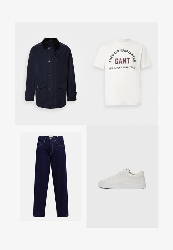 Navy blue jacket with a corduroy collar, front snap closures, and two large patch pockets. Features cuff detailing for a structured fit.; White short-sleeve T-shirt with "AMERICAN SPORTSWEAR," "GANT," and "NEW HAVEN - CONNECTICUT" printed on the front in black and red letters.; Dark blue denim straight-leg trousers with contrast stitching, five pockets, and a button closure at the waist. Rugged texture and classic design.; White leather low-top sneakers with a round toe, flat white rubber sole, and minimalistic stitching detail. Laces secured through six eyelets.