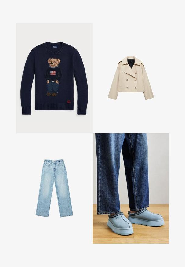Giacca cropped doppio petto beige realizzata in misto cotone, con ampio bavero, due tasche anteriori e dettagli con bottoni sul davanti.; Maglione a maglia blu navy con un design di orsetto ricamato che indossa un maglione a strisce, jeans blu denim e scarpe marroni. Logo rosso sull'orlo.; Jeans larghi in denim blu chiaro a vita alta, caratterizzati da un lavaggio sbiadito e da piccoli dettagli strappati sparsi.; Scarpe UGG blu in suede, senza lacci, con suole spesse, indossate con jeans blu su un pavimento di legno contro uno sfondo semplice.