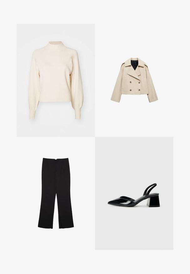 Beżowa skrócona marynarka o podwójnym zapięciu, wykonana z mieszanki bawełny, z dużym kołnierzem, dwiema przednimi kieszeniami i guzikami na przodzie.; ONLY - Sweter; Czarne spodnie o prostym kroju, z przednimi kieszeniami i bocznymi rozcięciami na dole. Wykonane z miękkiego, gładkiego materiału. Odpowiednie na różne okazje.; Czarne lakierowane półbuty na obcasie z wydłużonym noskiem i geometrycznym słupkiem. Charakteryzują się eleganckim, minimalistycznym designem oraz gładką fakturą.