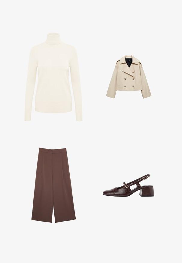 Beige taillierte doppelkinnige Jacke aus Baumwollmischung, mit einem großen Revers, zwei Fronttaschen und Knopfakzenten auf der Vorderseite.; Cremfarbener Rollkragenpullover aus weichem Strickmaterial. Mit langen Ärmeln und gerippten Bündchen sowie Saum.; Braune Weite-Leg-Hosen mit einer glatten Textur, hoher Taille und Vorderfalten. Der Stoff ist leicht und fällt locker.; Braune Leder Slingback-Pumps mit quadratischer Spitze, ausgeschnittenen Seiten und Blockabsatz. Mit einer Schnalle am Knöchelriemen.