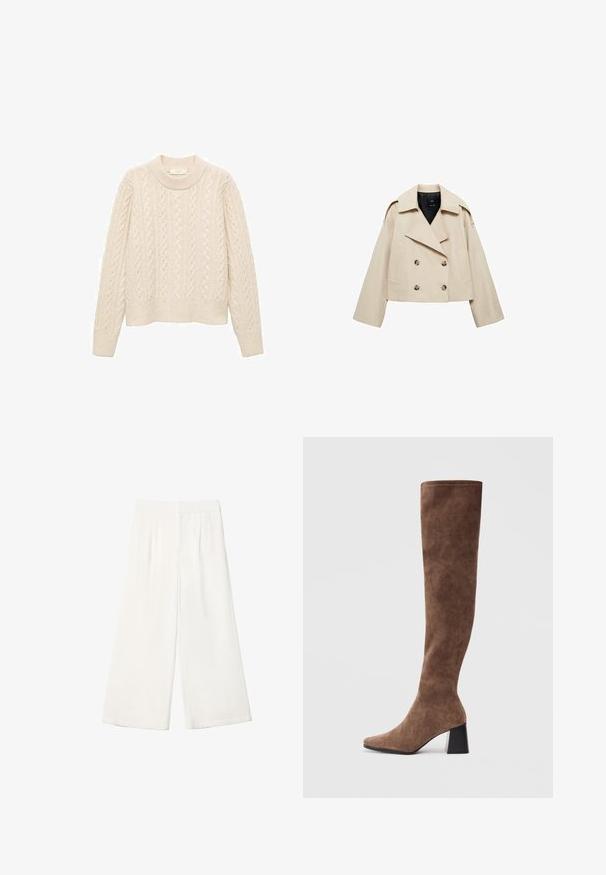 Beige cropped double-breasted jacket made of cotton blend, featuring a large lapel, two front pockets, and button accents on the front.; Cream cable-knit sweater with a round neckline, long sleeves, and ribbed hem. Made from a soft, textured knit material.; White wide-leg trousers made from a smooth fabric. Features a flat waistband and vertical pleats for added detail.; Brown over-the-knee boots made of soft suede with a pointed toe and a chunky black heel. The design features seamless stitching for a sleek look.