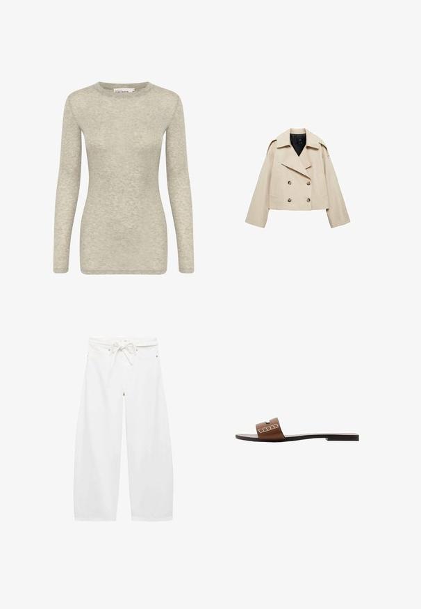 Giacca cropped doppio petto beige realizzata in misto cotone, con ampio bavero, due tasche anteriori e dettagli con bottoni sul davanti.; Maglia a maniche lunghe in grigio chiaro, realizzata in un morbido tessuto testurizzato. Presenta un collo rotondo e una silhouette aderente. Design semplice e versatile.; Pantaloni bianchi a gamba larga realizzati in tessuto leggero, con vita regolabile con cordino, due tasche frontali e semplici dettagli in metallo.; Infradito in pelle marrone con suola piatta, dotate di una larga fascia e accenti geometrici bianchi per un design minimalista.